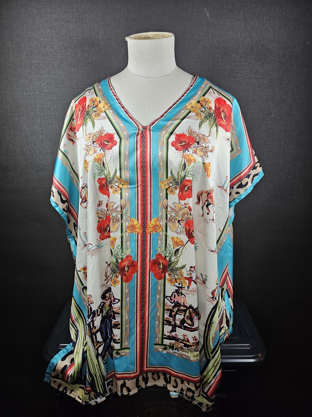 Floral Satin V-Neck Kaftan Top in Turquoise and White